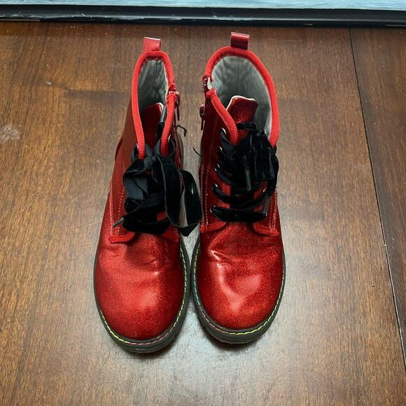 Dream Pairs Unisex Kids Red Ankle Boots 3 Lace Up Block Heels Side Zip Glittery - Picture 2 of 8